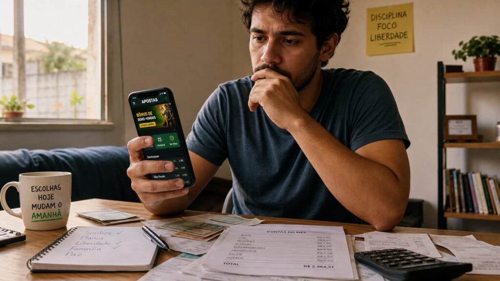 Gerada — pessoa com celular e contas, olhar de alerta consciente