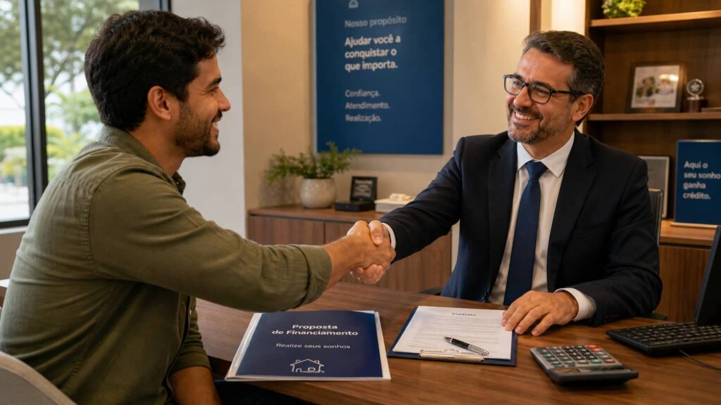 Pessoa apertando a mão de gerente de banco em negociação, documentos sobre a mesa — Novo Desenrola Brasil 2026