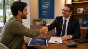 Pessoa apertando a mão de gerente de banco em negociação, documentos sobre a mesa — Novo Desenrola Brasil 2026